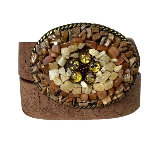 Express Brown Floral Tooled Leather Belt w Stone & Rock Buckle  Size S  Artisan - Picture 5 of 14